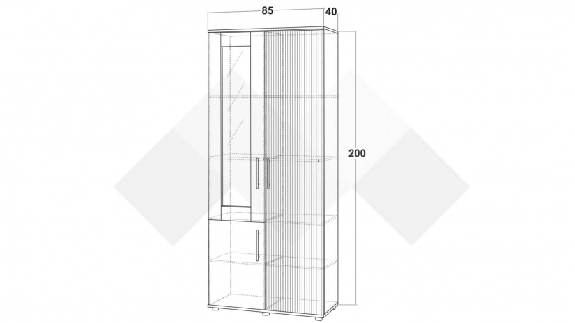 Висок шкаф с витрина Ламела дъб канела с дъб ламела и черно шагре - изглед 3