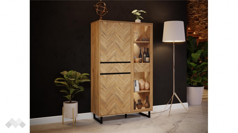 Висок шкаф с витрина Никодис с витрина дъб натурал с черен мат и житен дъб - изглед 1 - МебелМаг Висок шкаф с витрина Никодис с витрина дъб натурал с черен мат и житен дъб - изглед 1