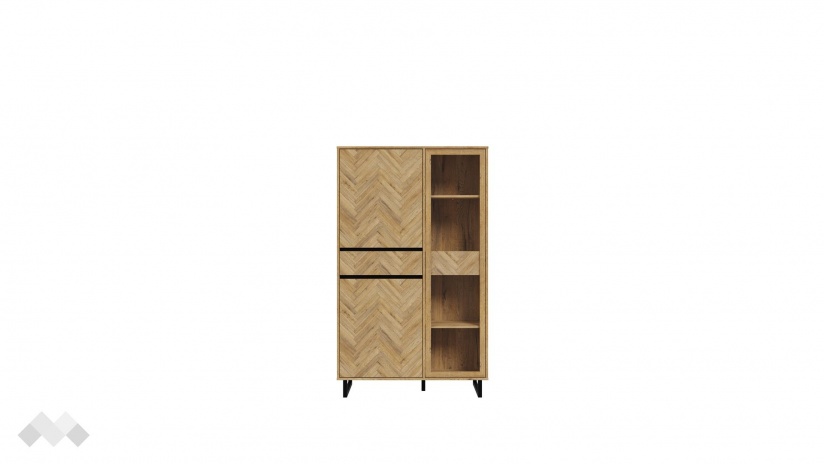 Висок шкаф с витрина Никодис с витрина дъб натурал с черен мат и житен дъб - изглед 2 - МебелМаг Висок шкаф с витрина Никодис с витрина дъб натурал с черен мат и житен дъб - изглед 2