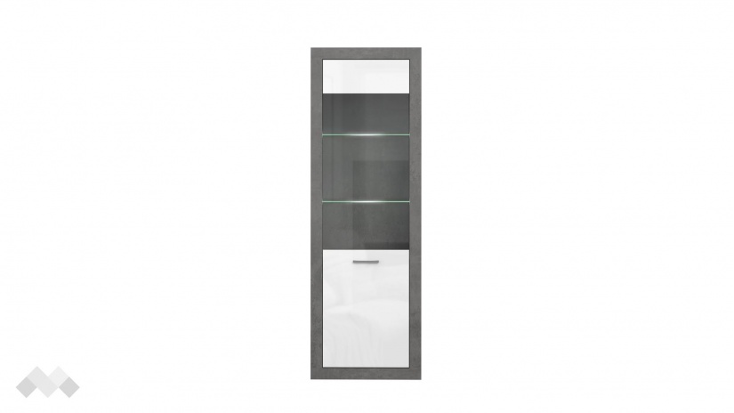 Висок шкаф Требия с витрина сиво с бял гланц - изглед 2