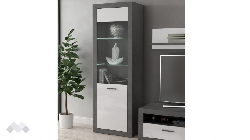 Висок шкаф Требия с витрина сиво с бял гланц - изглед 1