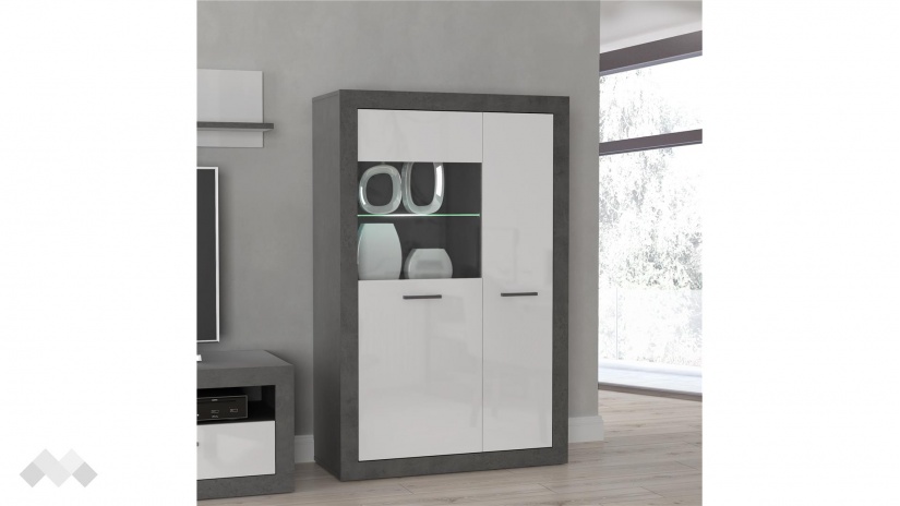 Висок шкаф с две врати Требия с витрина сиво с бял гланц - изглед 1