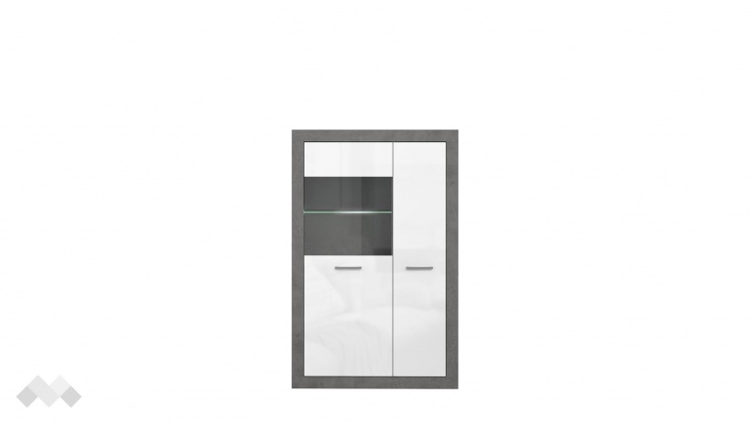 Висок шкаф с две врати Требия с витрина сиво с бял гланц - изглед 2