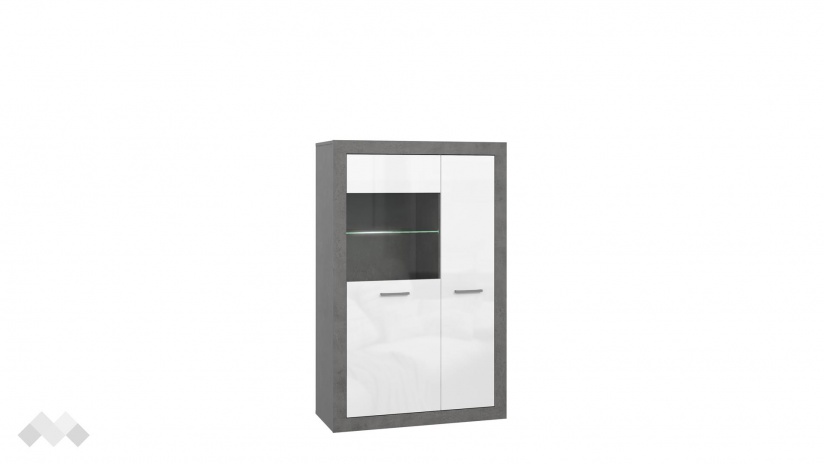 Висок шкаф с две врати Требия с витрина сиво с бял гланц - изглед 3