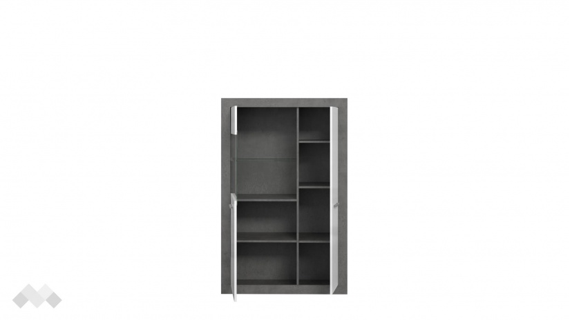 Висок шкаф с две врати Требия с витрина сиво с бял гланц - изглед 5