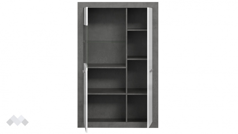 Висок шкаф с две врати Требия с витрина сиво с бял гланц - изглед 4