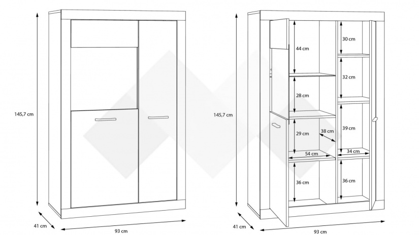 Висок шкаф с две врати Требия с витрина сиво с бял гланц - изглед 6