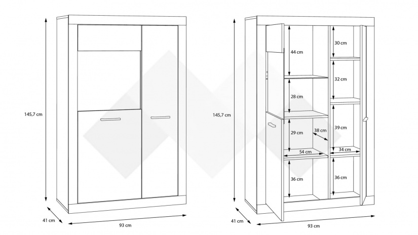 Висок шкаф с две врати Требия с витрина сиво с бял гланц - изглед 6