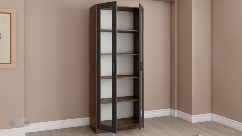 Висок шкаф с витрина Хироу с витрина дъб вотан с черно шагре - изглед 2