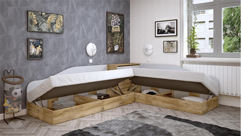 Ъглови легла 82/190 Селтик с включени матраци Бонел 82/190 келтски дъб със светло сиво - изглед 2